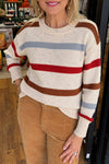 Cozy Beige Striped Knit Sweater for Women - Drop Shoulder, Heathered Casual Style with Exposed Seams