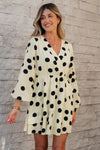 Trendy Women's Beige Polka Dot Surplice Mini Dress with Puff Sleeves – Perfect for Casual Summer Outings