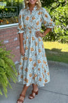 Elegant Women's Brown Floral Midi Dress with Frills and V-Neck, Bracelet Sleeves for Chic Summer Style