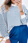 Cozy Women's Blue Striped Drop Shoulder Sweatshirt - Relaxed Fit for Effortless Casual Style Every Day
