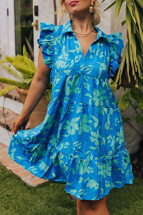 Sky Blue Floral Print Plus Size Flutter Sleeve Mini Dress with Button Detail