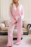 Women's Chic Light Pink Satin Lounge Set with Knot Accent Top & Ruffled Pants - Ideal for Stylish Relaxation and Outings