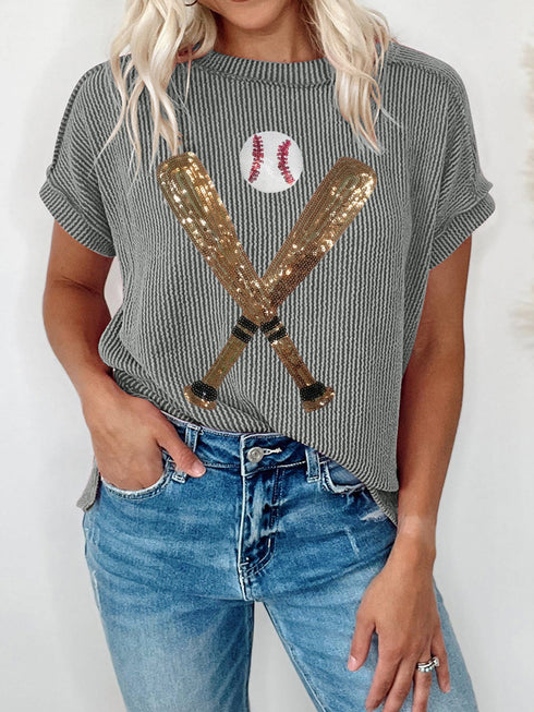 Sequin Embellished Grey Baseball Pattern Ribbed Knit Tee