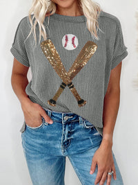 Sequin Embellished Grey Baseball Pattern Ribbed Knit Tee