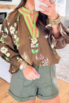 Chic Women's Brown Floral V-Neck Blouse with Puff Sleeves & Contrast Trim for Effortless Feminine Style