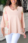 Trendy Women's Oversized Pink Flower Patchwork High-Low Top with Exposed Seams for Boho Chic Style