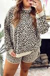 Plus Size Women's Casual Khaki Leopard Print Pullover & Shorts Set - Stylish Summer Outfit for Effortless Chic