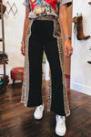 Trendy Women's Black Leopard Patchwork Wide Leg Jeans with Frayed Hem - Effortlessly Chic Casual Fashion