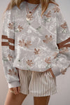 Cozy Women's Gray Striped Pullover Sweatshirt with Fall Leaf Print - Perfect for Casual Autumn Days