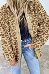 Women's Cozy Khaki Sherpa Jacket with Leopard Print & Corduroy Trim - Chic Layer for Fall & Winter Style