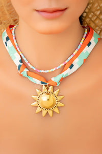 Vitality Orange Geometric Heart Print Scarf Golden Sun Pendant Boho Necklace