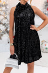 Elegant Black Sequin Sleeveless Swing Dress with High Neck and Ribbon Bow for Women's Night Out Fashion