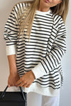 Cozy Women's Black Striped Raglan Sleeve Sweatshirt with Side Slits - Casual Loose Fit for Effortless Style