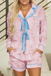 Women's Pink Nutcracker Doll Print Pajama Set with Contrast Trim and Tie Front - Festive Holiday Sleepwear