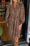 Women's Brown Paisley Print Puff Sleeve Short Dress - Flowy Casual Summer Dress with Half Buttons for Effortless Style