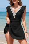 Women's Black Ruffled Swim Dress with Lace Trim, Short Sleeve V-Neck, Flattering Fit for Stylish Beach & Pool Outings