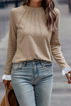 Women's Parchment Lace Contrast Cuffs Raglan Sleeve Top with Seam Detail - Stylish & Comfortable Fashion Essential