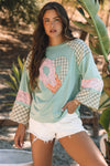 Women's Aqua Plaid Floral Graphic Long Sleeve Top with Peace Heart Design - Stylish Casual Comfort for Everyday Wear