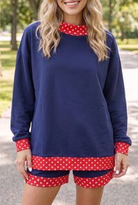 Women's Navy Blue Polka Dot Trim Baggy Pullover and Shorts Set - Chic, Comfy Outfit for Casual Summer Outings
