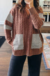 Cozy Women's Chestnut Striped Cable Knit Sweater with Patchwork Collar - Stylish Zip-Up for Effortless Layering