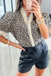 Women's Black Leopard Print Ruffled V-Neck Blouse with Color Block Trim - Stylish Short Sleeve Top for Casual Wear