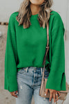 Cozy Women's Dark Green Textured Knit Sweater with Split Cuffs & Drop Shoulders - Relaxed Fit for Effortless Style