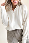 Cozy Women's White Zipped Neck Pullover Sweatshirt with Drop Shoulders - Effortless Casual Style for Everyday Comfort