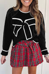 Women's Black Cropped Sweater with Bow Detail and Contrast Trim for Chic Holiday Style and Cozy Comfort