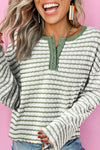 Stylish Women's Long Sleeve Green Striped Henley Top with Frilly Trim for Casual Chic Everyday Wear