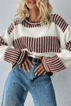 Cozy Women's Oversized Two-Tone Brown Striped Sweater with Drop Shoulders - Effortless Knit Style for Casual Chic