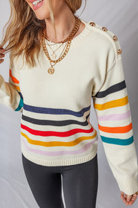 White Button Shoulder Detail Striped Print Drop Shoulder Sweater
