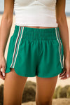 Stylish Women's Sea Green Athleisure Shorts with Elastic Waist and Varsity Stripes for Ultimate Comfort