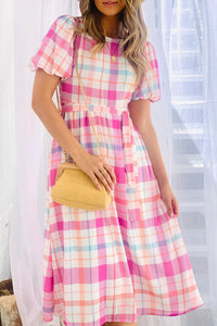 Elegant Rose Red Ric-Rac Puff Sleeve Shirt Dress