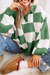 Women's Relaxed Fit Mist Green Checkered Polo Sweater with Classic Collar for Effortless Style and Comfort