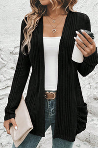 Black Ribbed Open Front Knitted Top with Pockets