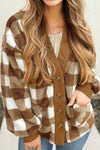 Cozy Brown Checkered Sherpa Cardigan for Women - Relaxed Fit, Pocketed Layering Essential for Casual Chic Style
