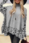 Cozy Gray Leopard Print High Neck Oversized Sweater for Women with Side Slit - Perfect for Stylish Fall Outfits