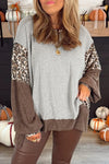 Women's Stylish Gray Color Block Leopard Print High-Low Sweatshirt with Dolman Sleeves for Cozy Casual Wear