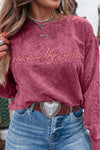 Casual Chic Mineral Red Loose-Fit Women's Sweatshirt with Letter Embroidery and Unique Mineral Wash Finish