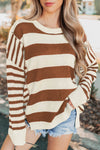 Cozy Women's Brown Striped Baggy Sweater with Drop Shoulders and Trendy Patchwork Design for Casual Chic Looks