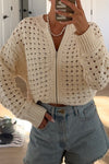Chic Beige Knit Zip-Up Cardigan for Women with Hollowed Pattern and Drop Shoulder - Cozy Layering Essential