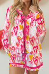 Women's Cute Pink Heart Print Lounge Set with Frilled Trim and Tie Front - Comfy Summer Outfit for Relaxed Days
