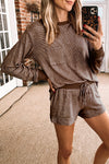 Women's Casual Khaki Striped Ribbed Long Sleeve Top and Drawstring Shorts Set - Stylish 2-Piece Comfortable Outfit