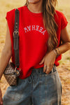 Trendy Women's Fiery Red YEEHAW Embroidered Short Sleeve Sweater - Relaxed Fit for Effortless Everyday Style