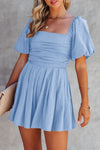 Stylish Sky Blue Women's Ruched Puff Sleeve Romper with Flattering Square Neck Design for Trendy Summer Outfits