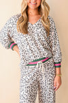 Trendy Women's Gray V-Neck Leopard Print Long Sleeve Top with Striped Drawstring Pants Set for Comfortable Casual Wear