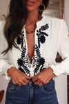 Stylish Women's White Floral Embroidered Top with Shirred Sleeves - Elegant and Versatile Shirt for Any Occasion