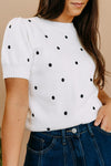 Stylish Women's White Polka Dot Short Sleeve Bubble Sweater – Ideal for Trendy Casual Looks and Everyday Comfort