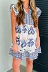 Women's Boho Floral Mini Dress in Blue with Ruffled Sleeves and Split Neck - Ideal for Summer Casual Outings