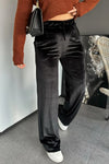 Chic Women's Black Velvet High Waist Straight Leg Pants with Adjustable Drawstring for a Flattering Fit